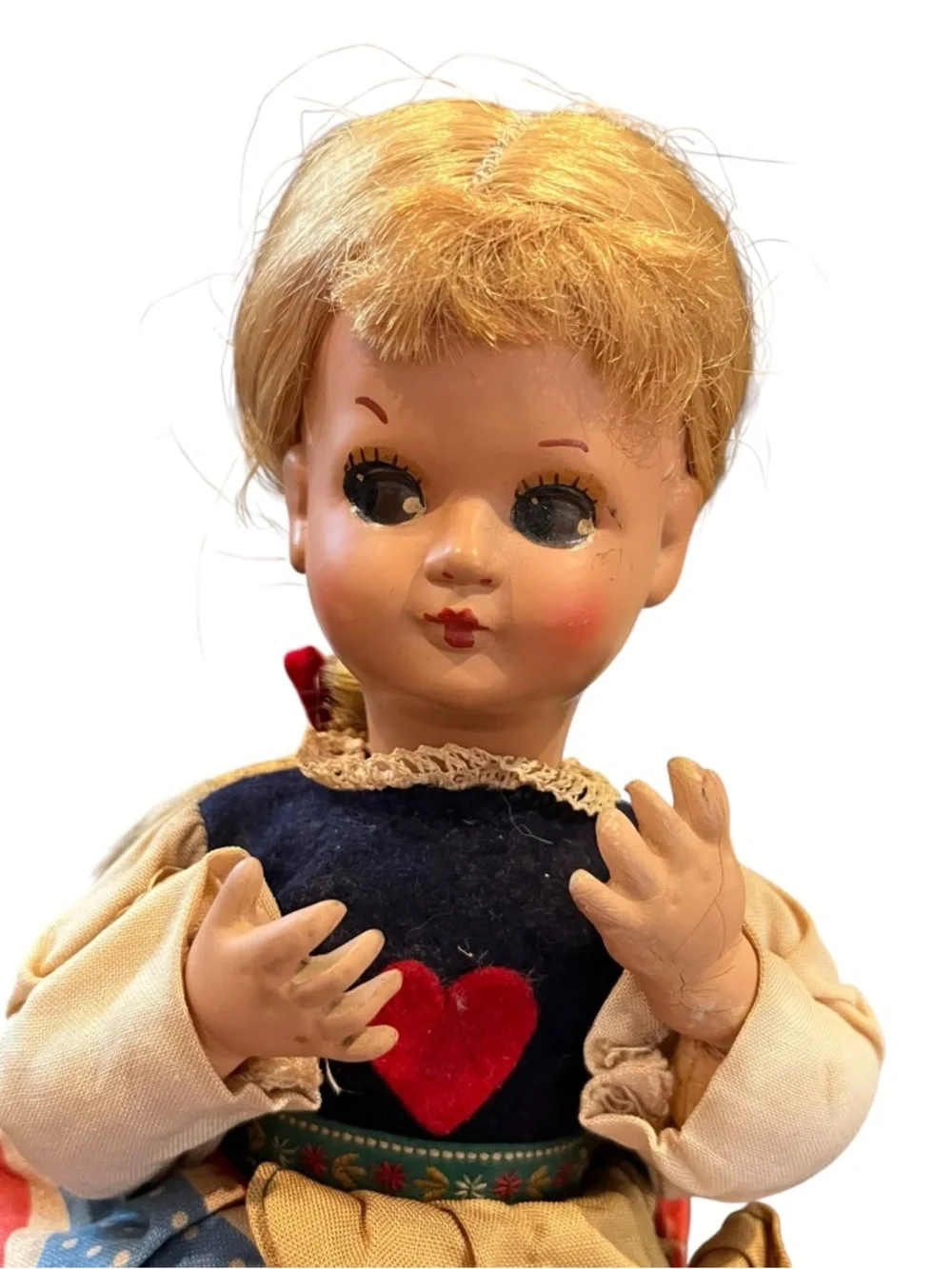 Antique 11” Composite Doll Blonde Braided Folk art Dress vintage
